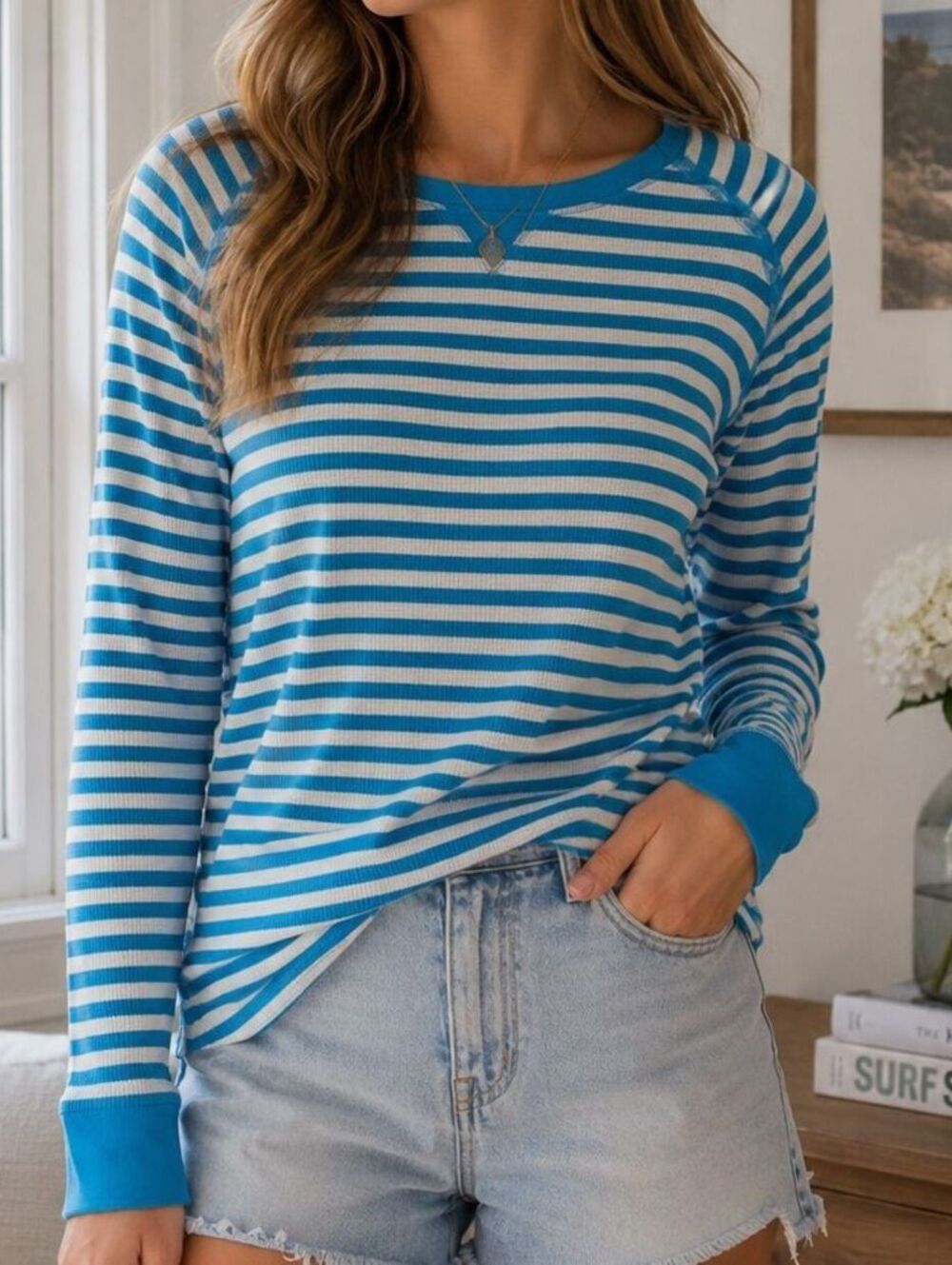 SJB Active Large Teal Gray Striped Cotton Stretch Thermal Waffle Knit Top Y2K